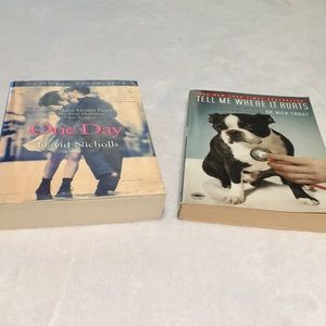 Two paperback books. One Day David Nicholls Tell Me Where It Hurts Dr Nick Trout